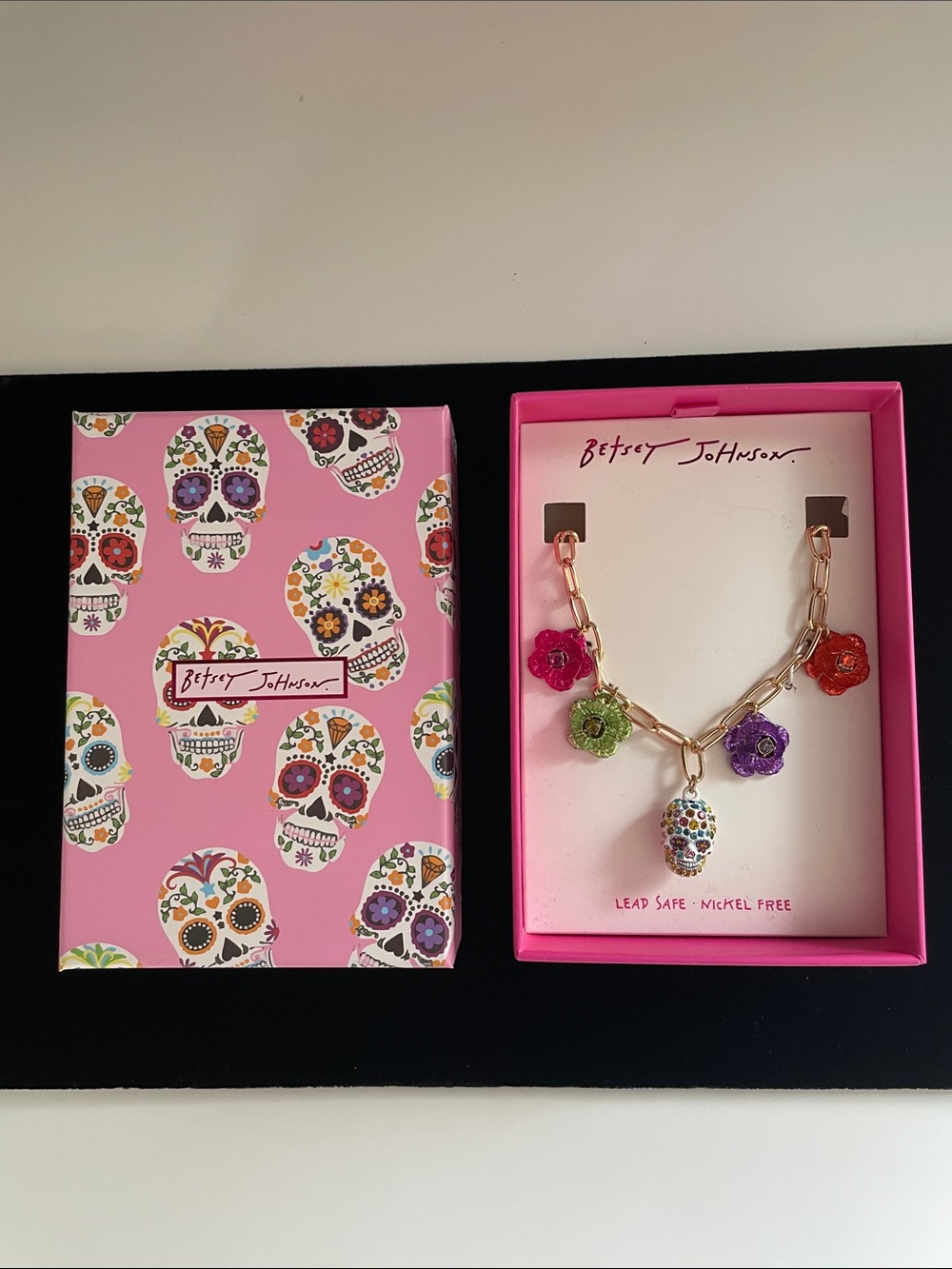 Betsey Johnson Sugar Skull, Multicolor Flower Charms Gold Link Chain Necklace